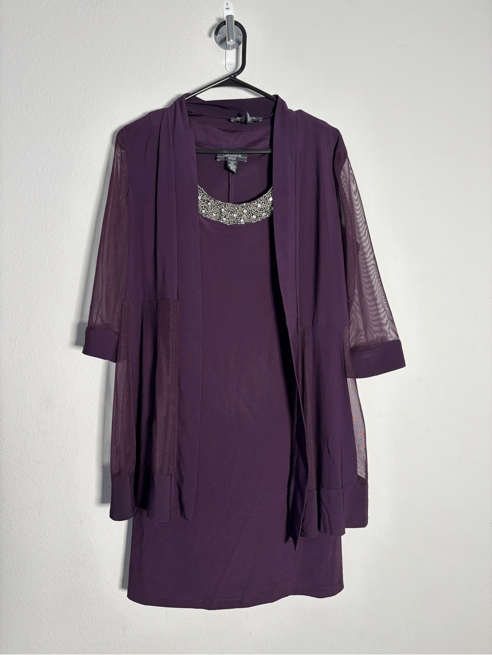 R&M Richards Petite Purple Beaded Dress & Sheer Jacket Set Size 14P
